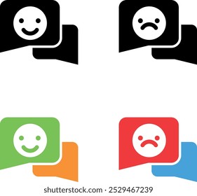 Four icons with overlapping speech bubbles: black with white smile face, black with white sad face, green with white smile face and orange corner, red with white sad face and blue corner.