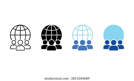 Four icons of people with globe above them in different colors and line styles