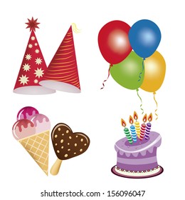 four icons related to happy birthday with some colors