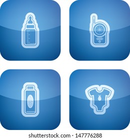 Four icons in relation to a Baby born time / Baby care objects, pictured here from left to right, top to bottom: Baby bottle, Baby monitor, Baby powder, Baby rompers. 