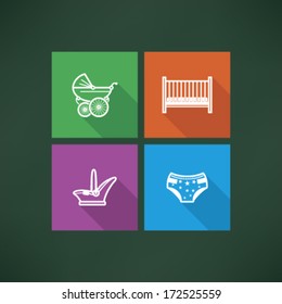 Four icons in relation to a Baby born time - Baby care objects, pictured here from left to right, top to bottom: Baby buggy, Baby bed, Baby car seat, Nappy. 