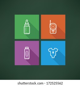 Four icons in relation to a Baby born time - Baby care objects, pictured here from left to right, top to bottom: Baby bottle, Baby monitor, Baby powder, Baby rompers. 