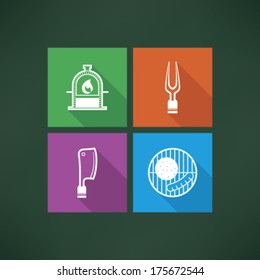 Four icons in relation to a Baby born time - Baby care objects, pictured here from left to right, top to bottom: Brick Grill, Fork, Axe, Grill top with a meal. 