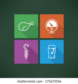 Four icons in relation to a Baby born time - Baby care objects, pictured here from left to right, top to bottom: Chicken drumstick, Fahrenheit temperature, Shashlik, Beer glass. 
