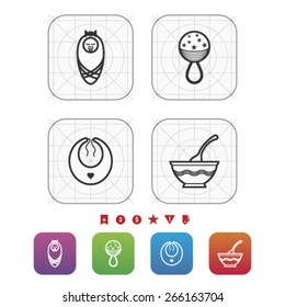 Four icons in relation to a Baby born time / Baby care objects, pictured here from left to right, top to bottom: 
Newborn Baby, Baby Rattle, Baby bib, Baby soup bowl. 