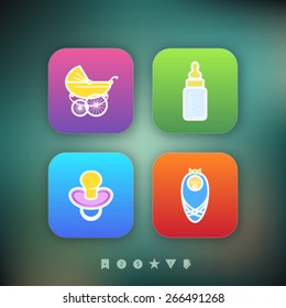 Four icons in relation to a Baby born time / Baby care objects, pictured here from left to right, top to bottom: 
Baby buggy, Baby bottle, Baby teat, Newborn Baby. 