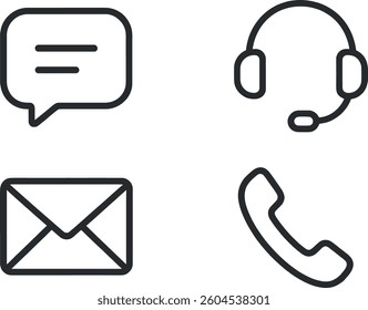 Four icons represent different communication methods for customer support. These include a chat bubble, headset, email envelope, and telephone. Each icon emphasizes accessibility and interaction.
