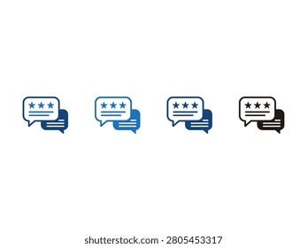 Four icons representing customer feedback with stars and chat bubbles in blue and black.