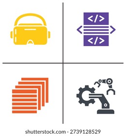 Four icons representing different aspects of industry and technology: a camera, code, documents, and a robotic arm.
