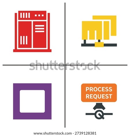 Four icons representing different stages of a process request, including server, document, task, and request processing
