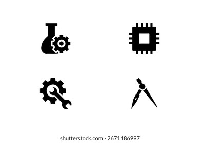 Quatro ícones representando o símbolo da tecnologia da ciência da engenharia