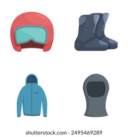 Cuatro iconos que representan el equipamiento esencial de los deportes de invierno, un casco, botas, chaqueta y pasamontañas