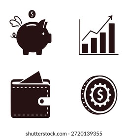 Vier Symbole für Finanzkonzepte: Sparschwein, Grafik, Geldbörse und Dollarmünze.