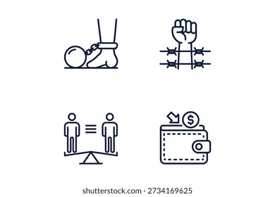 Four icons representing freedom, equality and money in simple line art style freedom.