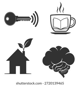 Cuatro iconos que representan el conocimiento, el crecimiento y la innovación, con una llave, una taza de café, una casa con una planta y un cerebro.