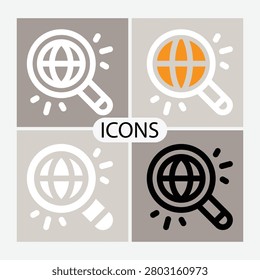 Four icons show a globe inside a magnifying glass with light rays around transparent background