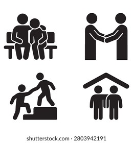 Four icons show helping hands assisting others in different supportive situations