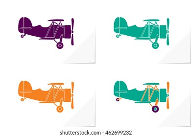 Four Icons of Small Airplane Made as Silhouette and Colored Version - Orange Purple Turquoise Elements on White Natural Paper Effect Background - Flat Graphic Style