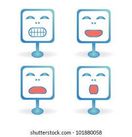 four icons smiley face in the different emotions on the blue square on the base plate on a white background