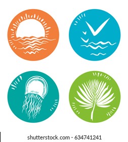 Four icons summer nature. Simple round symbols. Vector flat template.