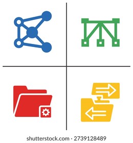 Four icons symbolizing connection, structure, file management, and data transfer on a white background