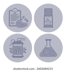 Four icons of various stages of lab-based meat production, including clipboard with data, meat sample, cell culture device, and beaker with meat