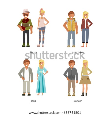 Four ideas about dress collection. Man and woman in different casual style suits isolated on white background. Vector illustration of people in informal clothes.