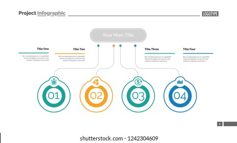Four ideas process chart slide template. Business data. Startup, flow, design. Creative concept for infographic, presentation, report. Can be used for topics like marketing, economics, research.