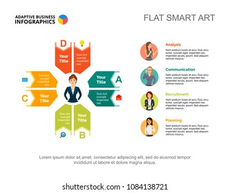 Four ideas process chart template for presentation. Business data visualization. Strategy, workflow, plan, teamwork or marketing creative concept for infographic, report, project layout.