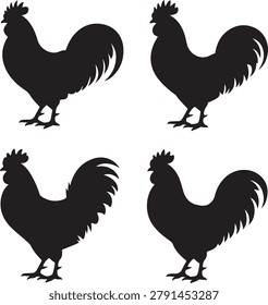 Four identical black rooster silhouettes standing in a grid layout on a plain white background des