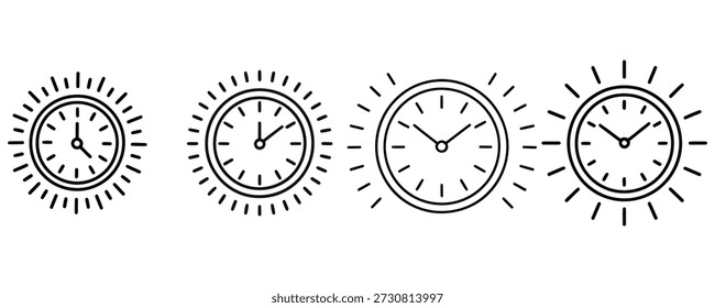 Four identical clock faces with sunburst lines around them on white background