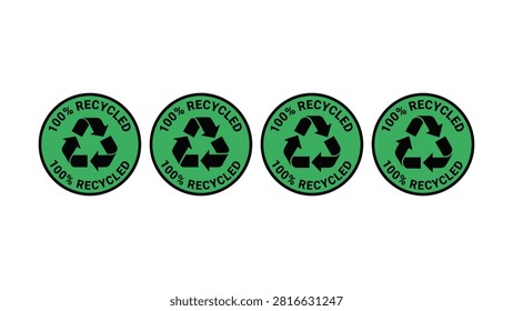 Four identical green circular badges with black recycling arrows and text