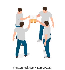 Four identical men clink glasses with beer. Men in isometric projection are located in different layers for editing, vector.