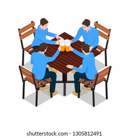 Four identical men clink glasses with beer. Men sit at a wooden table and drink beer.