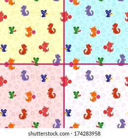 Four identical seamless vector patterns with cartoon cats, dogs and mouse on the geometrical background. Backgrounds can be used as a separate vector pattern