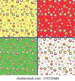 Four identical seamless vector patterns with different colorful circles 