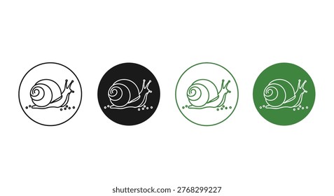 Four identical snail icons are displayed, each within a uniquely colored circle: white, black, green.