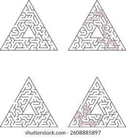 Four identical triangular mazes shown two with solutions highlighted. A classic brain teaser find the path from entrance to exit.