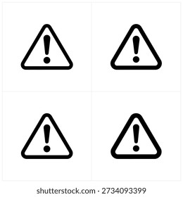 Four identical warning signs featuring a black exclamation point within a yellow triangle.