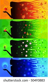 Four identical web banners of a silhouette of a girl with seasonal coloring.