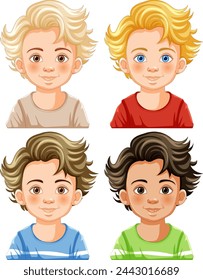 Four illustrated boys with different hairstyles and shirts.