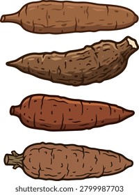 Four illustrated cassava roots, also known as yuca or manioc, depicted with brown skin and varying textures, arranged horizontally on a white background.