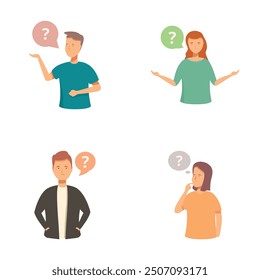 Four illustrated characters showing puzzled expressions with question marks