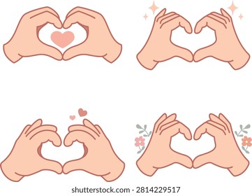 Four illustrated hands form heart shapes. Each version has unique decorative elements like sparkles or flowers. Hands show love, affection, and care. Perfect for Valentine's Day, romantic messages