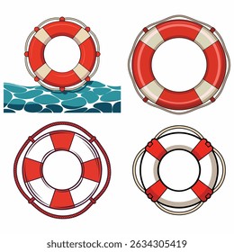 Four illustrated life buoys with different styles and details displayed on a white background