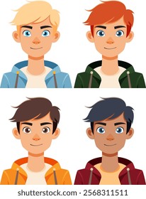 Four illustrated male characters with different hair colors