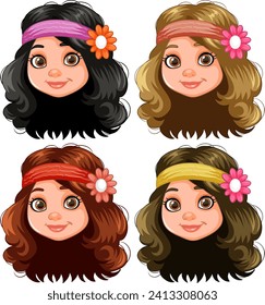 Four illustrated women with different hairstyles and headbands.