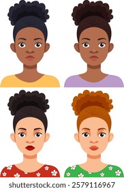 Four illustrated women with different hairstyles