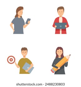 Four illustrated young adults with different tools representing various professions