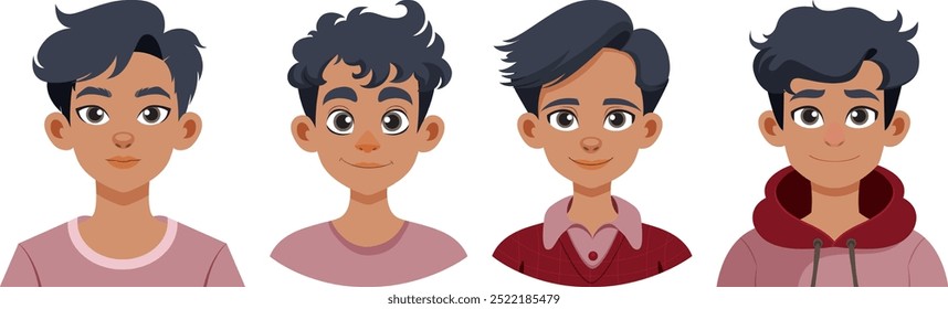 Quatro jovens ilustrados com diferentes penteados